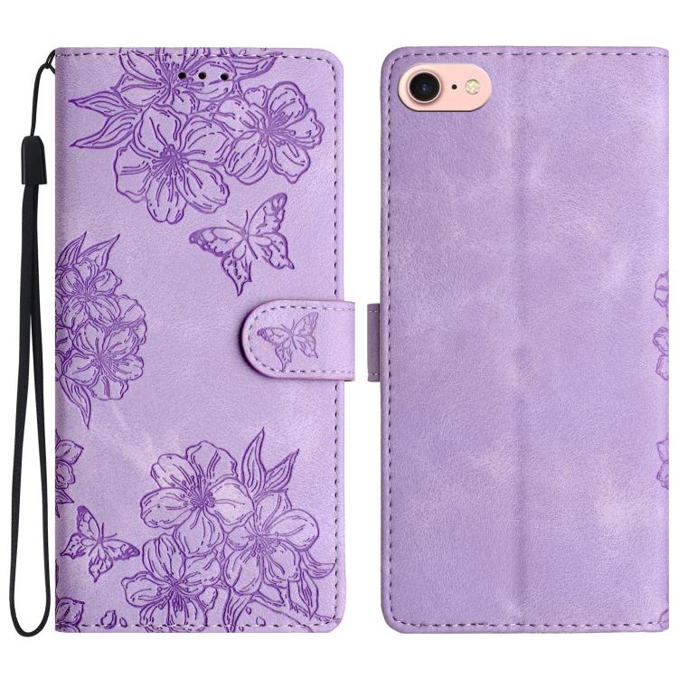 For iPhone 16e Cherry Blossom Butterfly Skin Feel Embossed PU Phone Case(Purple) by bashfashion
