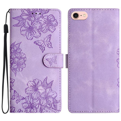 For iPhone 16e Cherry Blossom Butterfly Skin Feel Embossed PU Phone Case(Purple) by bashfashion