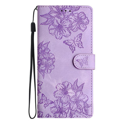 For iPhone 16e Cherry Blossom Butterfly Skin Feel Embossed PU Phone Case(Purple) by bashfashion