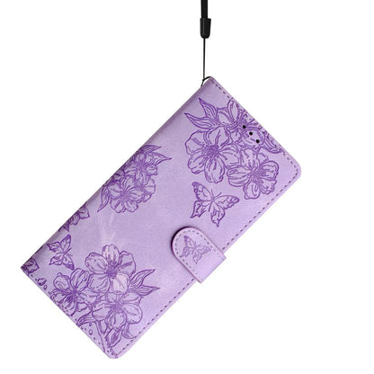 For iPhone 16e Cherry Blossom Butterfly Skin Feel Embossed PU Phone Case(Purple) by bashfashion