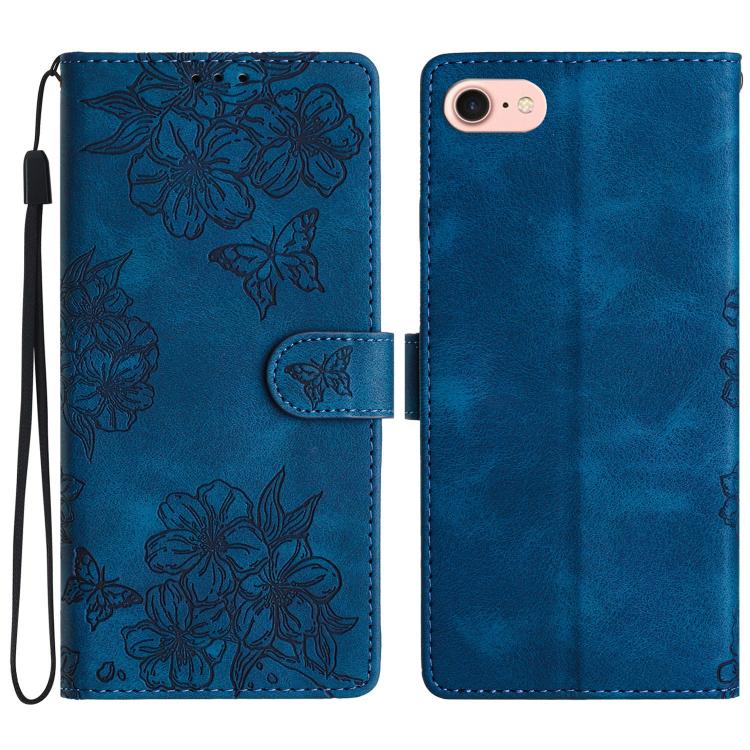 For iPhone 16e Cherry Blossom Butterfly Skin Feel Embossed PU Phone Case(Blue) by bashfashion