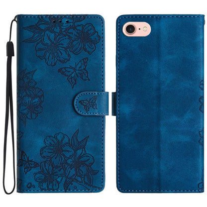 For iPhone 16e Cherry Blossom Butterfly Skin Feel Embossed PU Phone Case(Blue) by bashfashion