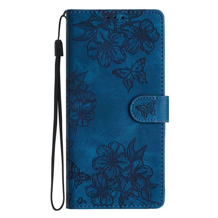 For iPhone 16e Cherry Blossom Butterfly Skin Feel Embossed PU Phone Case(Blue) by bashfashion