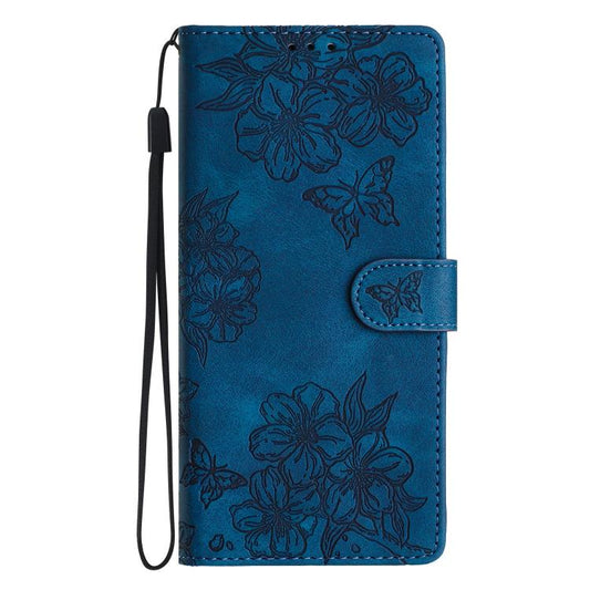 For iPhone 16e Cherry Blossom Butterfly Skin Feel Embossed PU Phone Case(Blue) by bashfashion