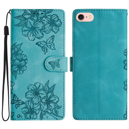 For iPhone 16e Cherry Blossom Butterfly Skin Feel Embossed PU Phone Case(Green) by bashfashion