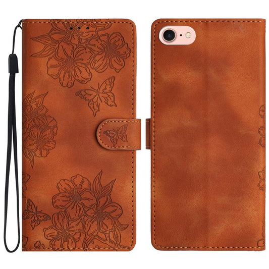 For iPhone 16e Cherry Blossom Butterfly Skin Feel Embossed PU Phone Case(Brown) by bashfashion