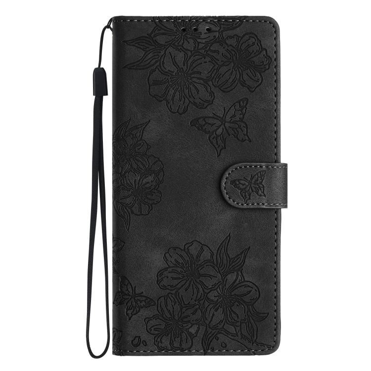 For iPhone 16e Cherry Blossom Butterfly Skin Feel Embossed PU Phone Case(Black) by bashfashion