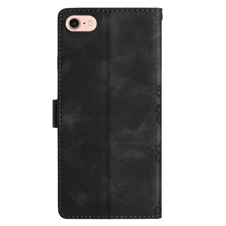 For iPhone 16e Cherry Blossom Butterfly Skin Feel Embossed PU Phone Case(Black) by bashfashion
