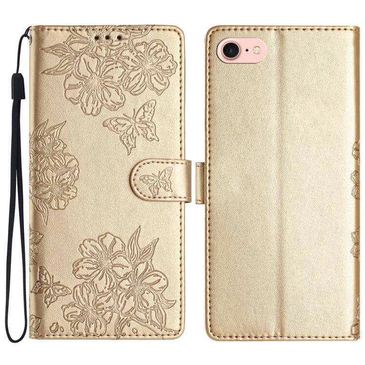 For iPhone 16e Cherry Blossom Butterfly Skin Feel Embossed PU Phone Case(Gold) by bashfashion