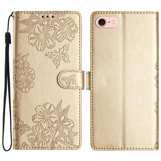 For iPhone 16e Cherry Blossom Butterfly Skin Feel Embossed PU Phone Case(Gold) by bashfashion
