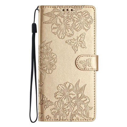 For iPhone 16e Cherry Blossom Butterfly Skin Feel Embossed PU Phone Case(Gold) by bashfashion