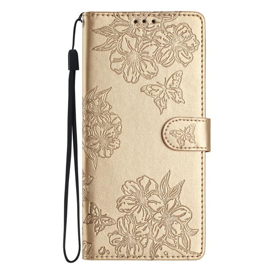 For iPhone 16e Cherry Blossom Butterfly Skin Feel Embossed PU Phone Case(Gold) by bashfashion