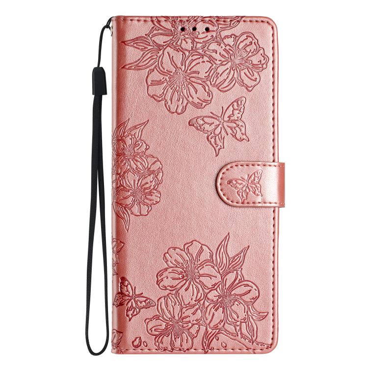 For iPhone 16e Cherry Blossom Butterfly Skin Feel Embossed PU Phone Case(Rose Gold) by bashfashion