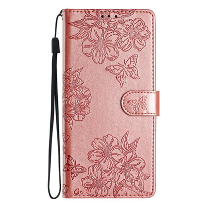For iPhone 16e Cherry Blossom Butterfly Skin Feel Embossed PU Phone Case(Rose Gold) by bashfashion