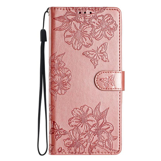 For iPhone 16e Cherry Blossom Butterfly Skin Feel Embossed PU Phone Case(Rose Gold) by bashfashion