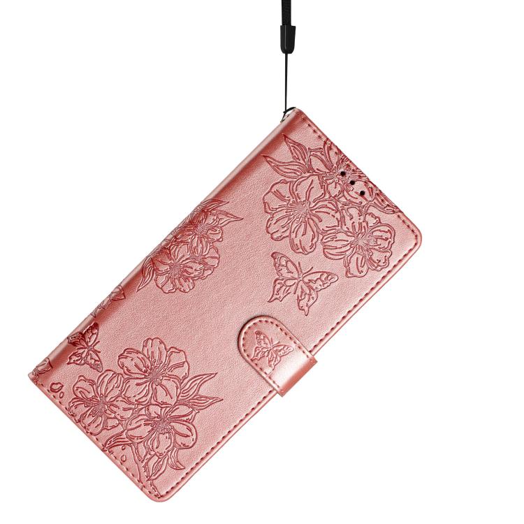 For iPhone 16e Cherry Blossom Butterfly Skin Feel Embossed PU Phone Case(Rose Gold) by bashfashion