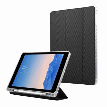 For iPad Air / Air 2 / 9.7 2017 / 2018 Carbon Fiber Clear Acrylic 3-Fold Leather Tablet Case(Black) by bashfashion