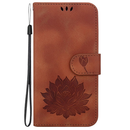 For iPhone 16e Lotus Embossed Leather Phone Case(Brown) by bashfashion