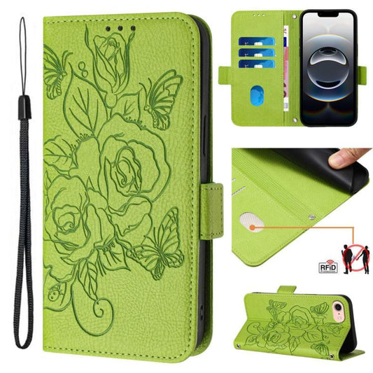 For iPhone SE 2024 Embossed Rose RFID Anti-theft Leather Phone Case(Green) by bashfashion