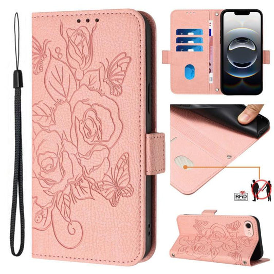For iPhone SE 2024 Embossed Rose RFID Anti-theft Leather Phone Case(Pink) by bashfashion