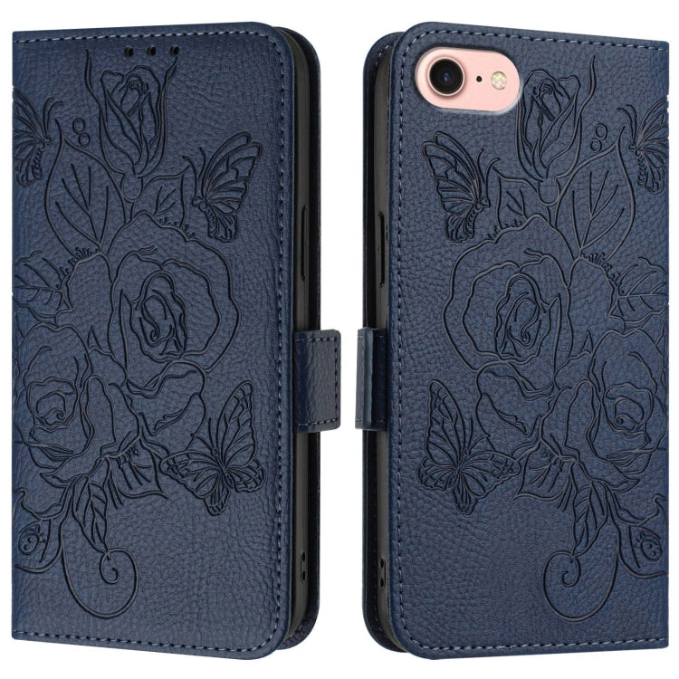 For iPhone SE 2024 Embossed Rose RFID Anti-theft Leather Phone Case(Dark Blue) by bashfashion