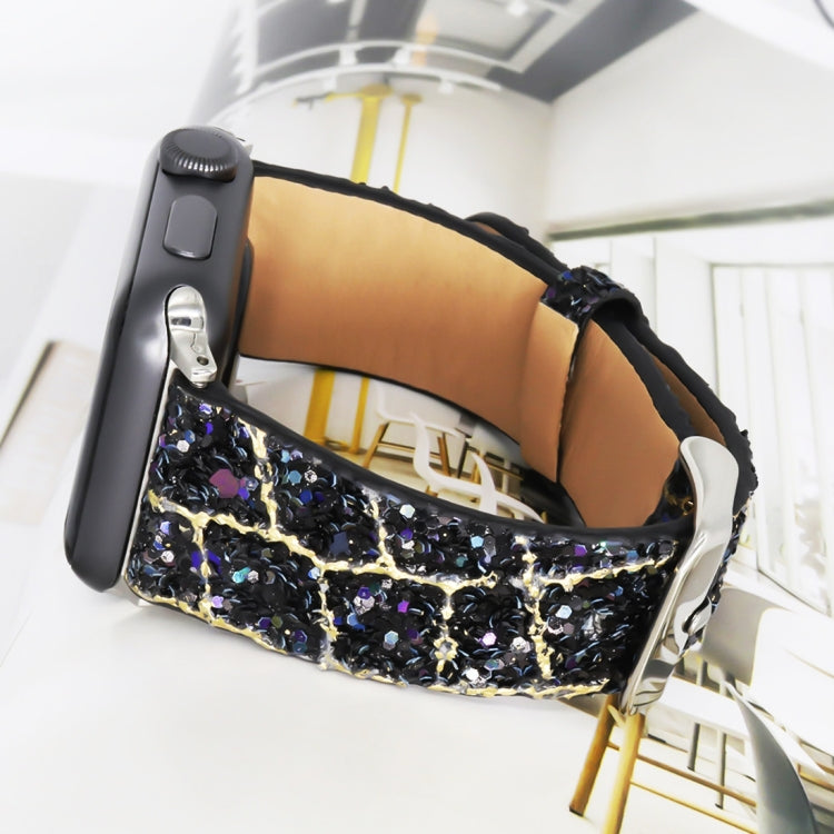 For Apple Watch 5 & 4 44mm / 3 & 2 & 1 42mm Glitter Sequins Leather Watch Band(Black Gold) by bashfashion