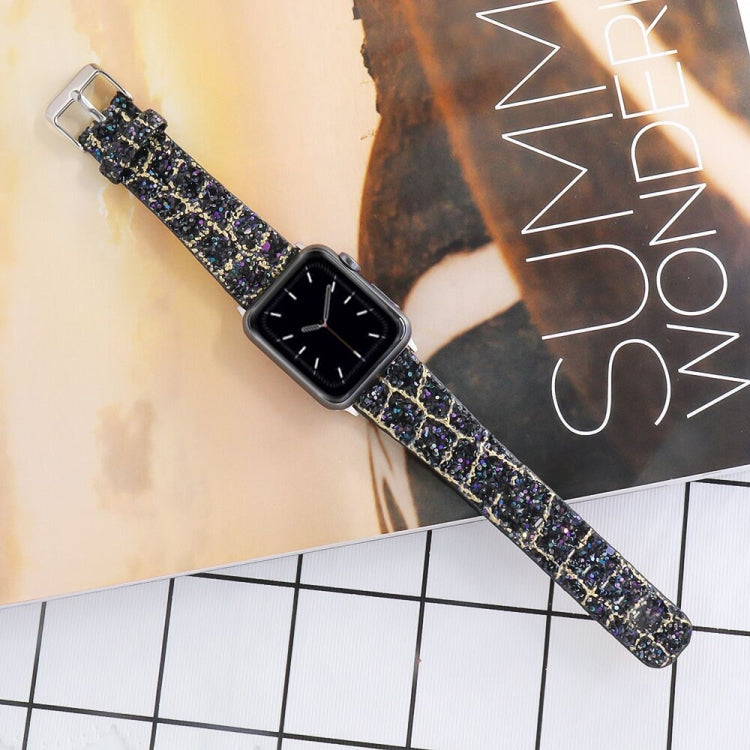 For Apple Watch 5 & 4 44mm / 3 & 2 & 1 42mm Glitter Sequins Leather Watch Band(Black Gold) by bashfashion
