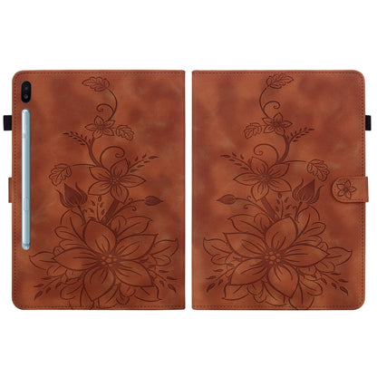 For Samsung Galaxy Tab S6 SM-T860 / SM-T865 Lily Embossed Leather Tablet Case with Pen(Brown) by bashfashion
