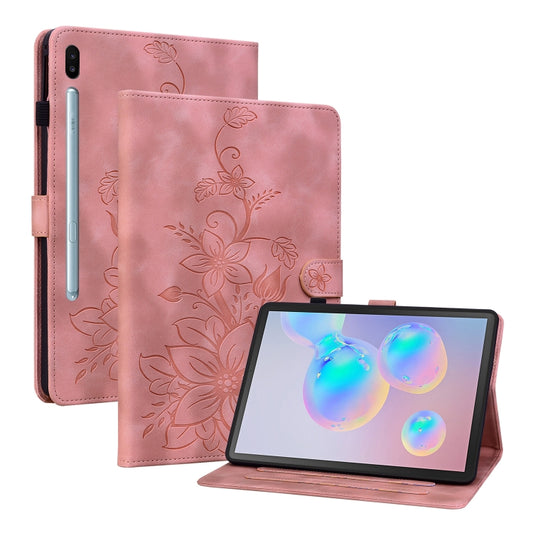 For Samsung Galaxy Tab S6 SM-T860 / SM-T865 Lily Embossed Leather Tablet Case with Pen(Pink) by bashfashion