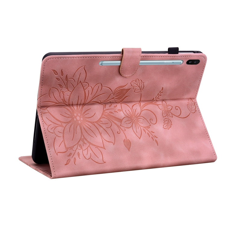 For Samsung Galaxy Tab S6 SM-T860 / SM-T865 Lily Embossed Leather Tablet Case with Pen(Pink) by bashfashion
