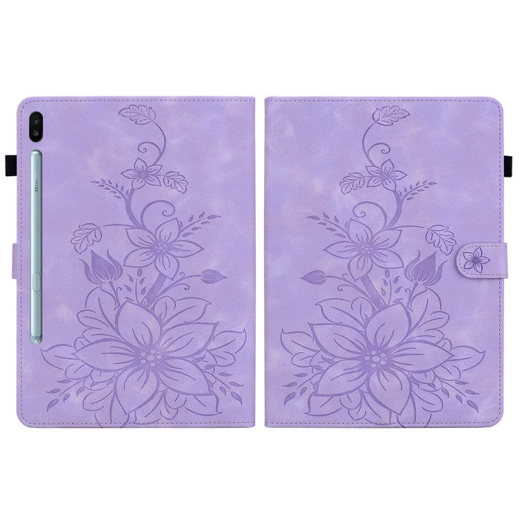 For Samsung Galaxy Tab S6 SM-T860 / SM-T865 Lily Embossed Leather Tablet Case with Pen(Purple) by bashfashion