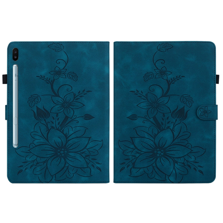 For Samsung Galaxy Tab S6 SM-T860 / SM-T865 Lily Embossed Leather Tablet Case with Pen(Dark Blue) by bashfashion