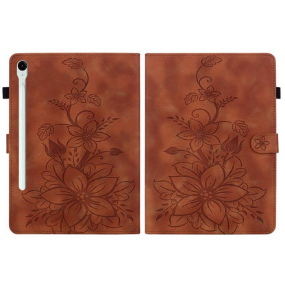 For Samsung Galaxy Tab S10 FE+ Lily Embossed Leather Tablet Case with Pen(Brown) by bashfashion