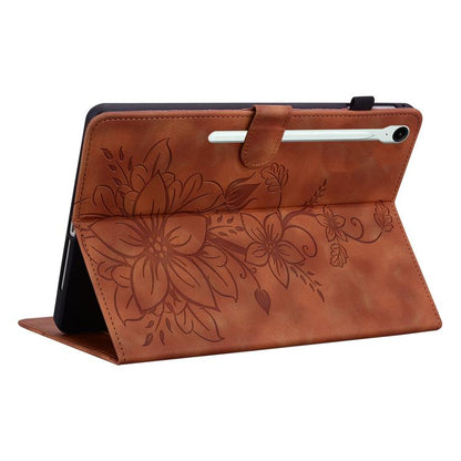 For Samsung Galaxy Tab S10 FE+ Lily Embossed Leather Tablet Case with Pen(Brown) by bashfashion