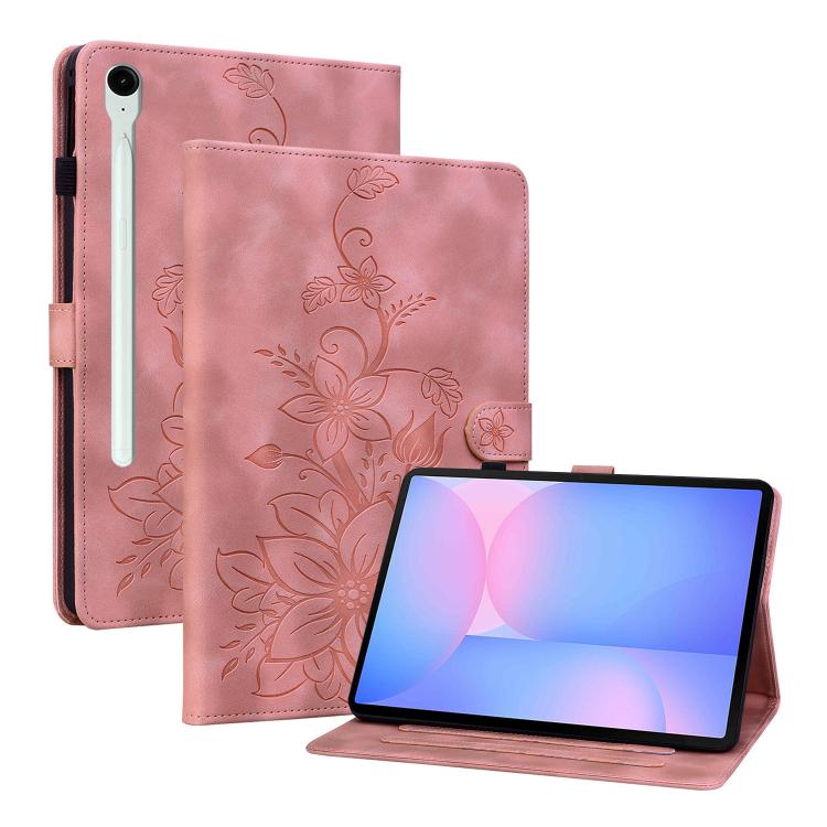 For Samsung Galaxy Tab S10 FE+ Lily Embossed Leather Tablet Case with Pen(Pink) by bashfashion