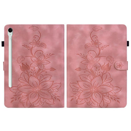 For Samsung Galaxy Tab S10 FE+ Lily Embossed Leather Tablet Case with Pen(Pink) by bashfashion