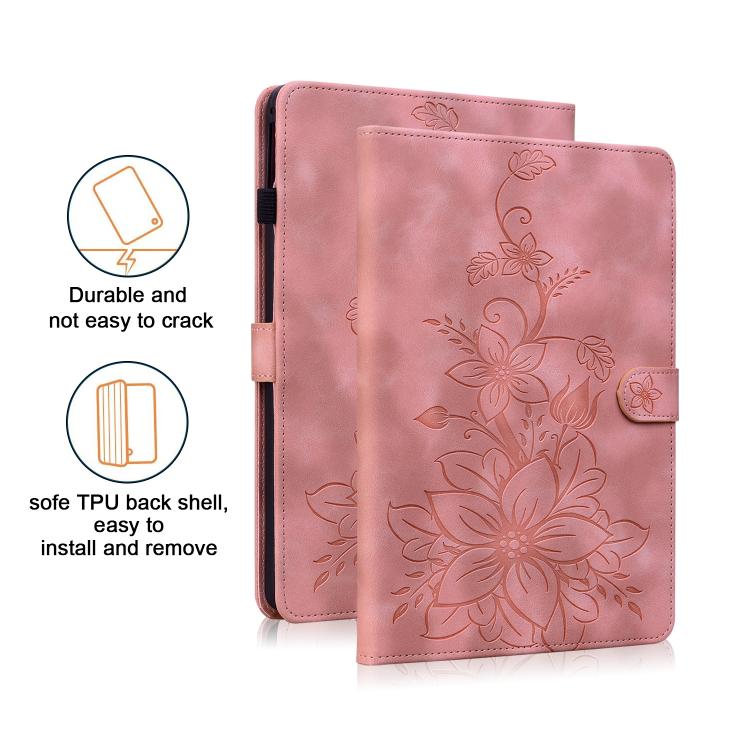For Samsung Galaxy Tab S10 FE+ Lily Embossed Leather Tablet Case with Pen(Pink) by bashfashion