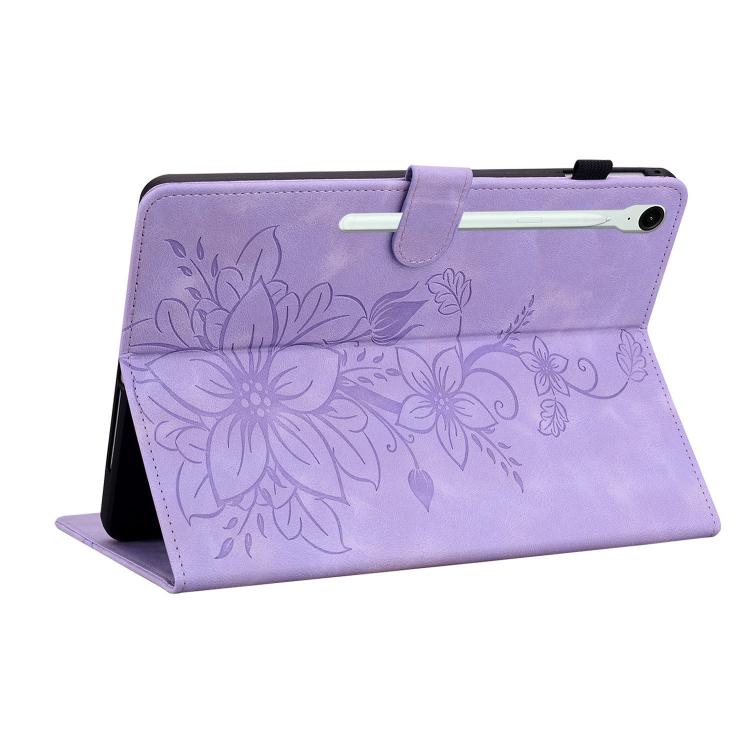For Samsung Galaxy Tab S10 FE+ Lily Embossed Leather Tablet Case with Pen(Purple) by bashfashion
