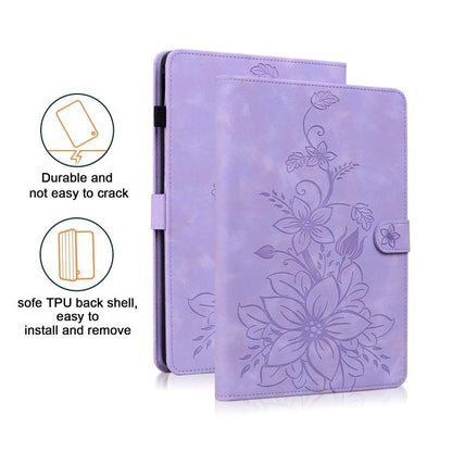 For Samsung Galaxy Tab S10 FE+ Lily Embossed Leather Tablet Case with Pen(Purple) by bashfashion