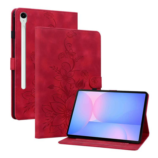 For Samsung Galaxy Tab S10 FE+ Lily Embossed Leather Tablet Case with Pen(Red) by bashfashion