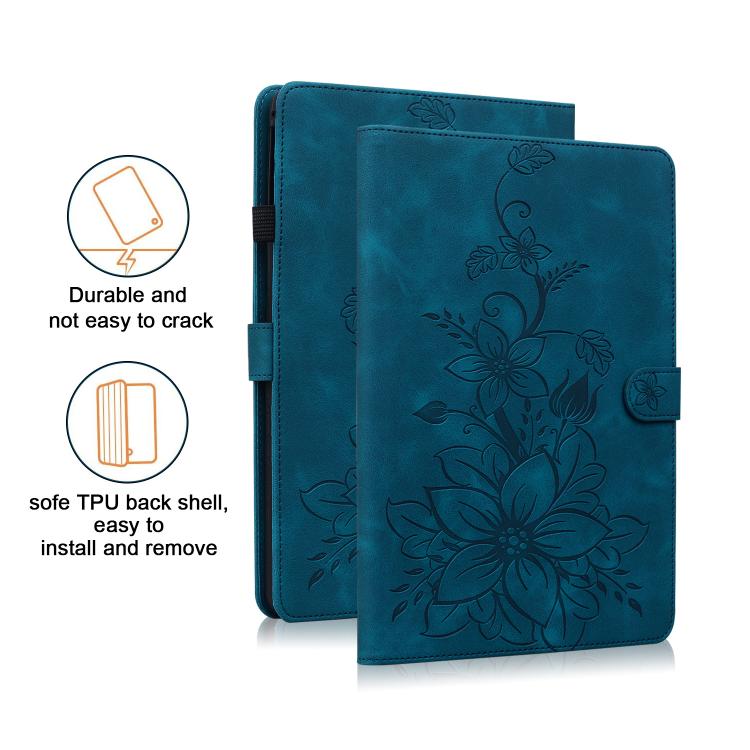For Samsung Galaxy Tab S10 FE+ Lily Embossed Leather Tablet Case with Pen(Dark Blue) by bashfashion