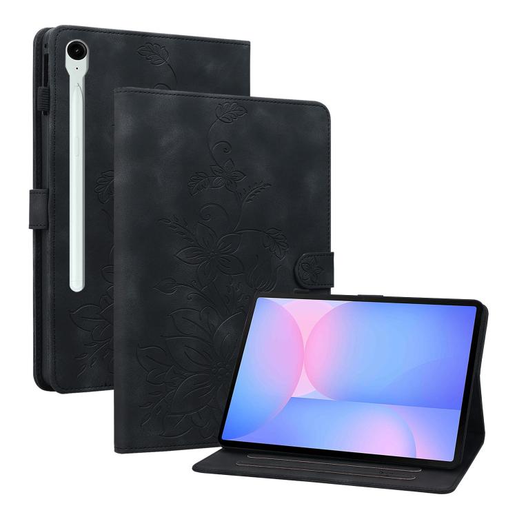 For Samsung Galaxy Tab S10 FE+ Lily Embossed Leather Tablet Case with Pen(Black) by bashfashion