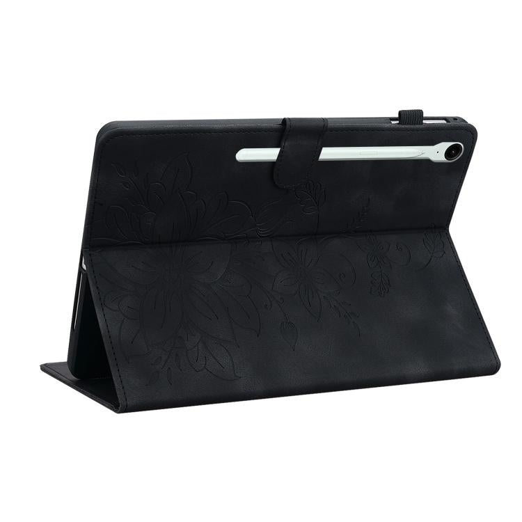 For Samsung Galaxy Tab S10 FE+ Lily Embossed Leather Tablet Case with Pen(Black) by bashfashion
