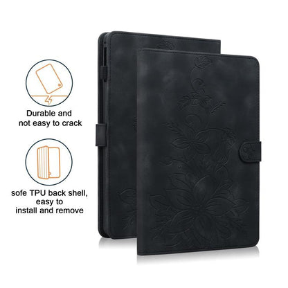 For Samsung Galaxy Tab S10 FE+ Lily Embossed Leather Tablet Case with Pen(Black) by bashfashion
