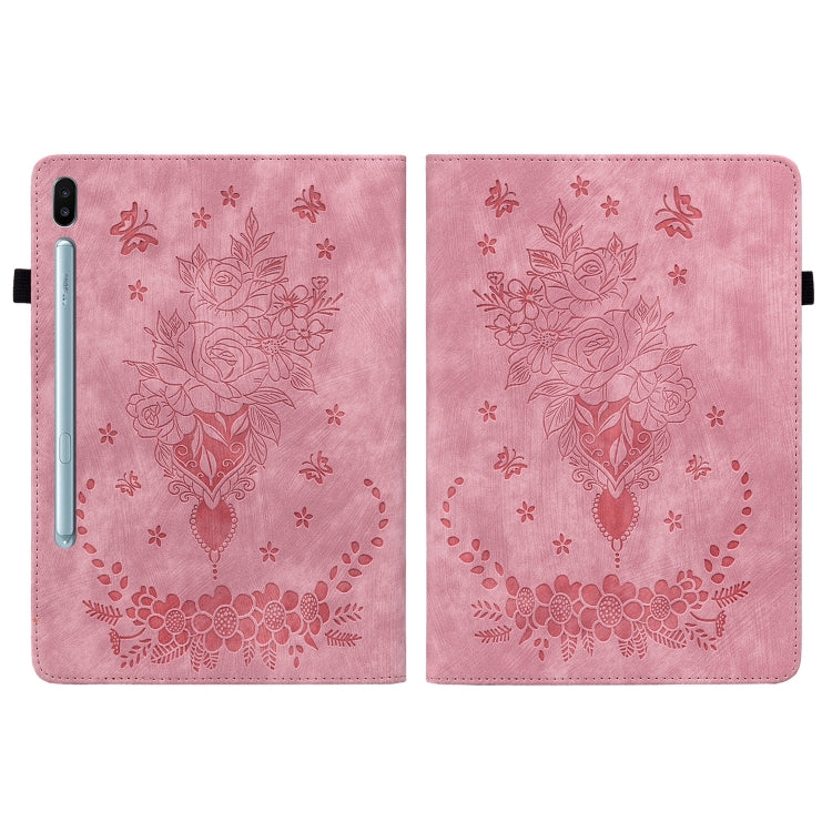 For Samsung Galaxy Tab S6 SM-T860/T865 Butterfly Rose Embossed Leather Tablet Case, without Pen(Pink) by bashfashion