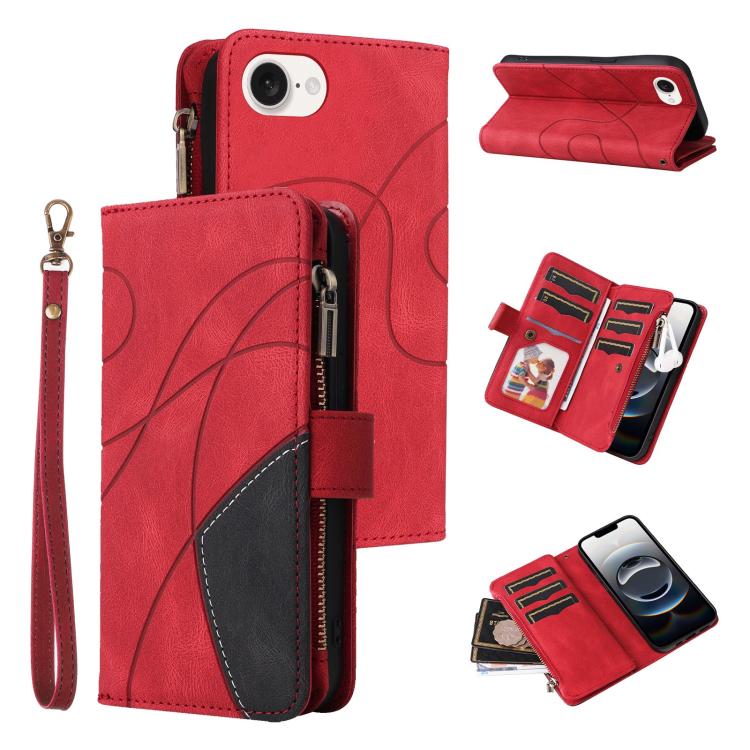 For iPhone 16e Dual-color 9 Card Slots Zipper Wallet Leather Phone Case(Red) by bashfashion