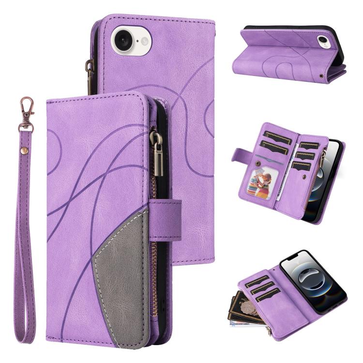 For iPhone 16e Dual-color 9 Card Slots Zipper Wallet Leather Phone Case(Purple) by bashfashion
