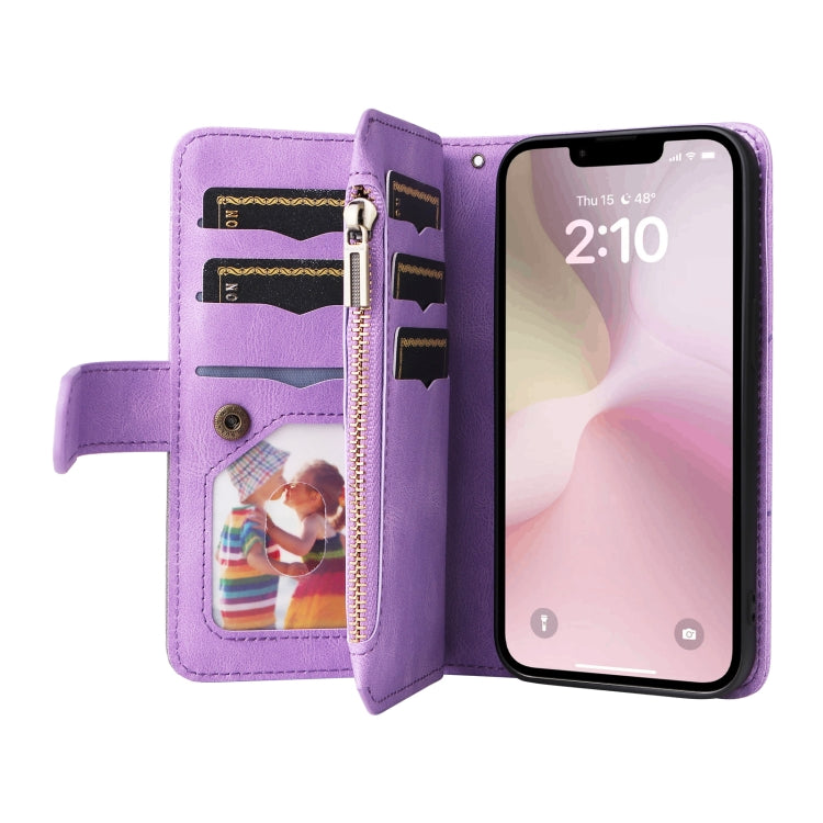 For iPhone 16e Dual-color 9 Card Slots Zipper Wallet Leather Phone Case(Purple) by bashfashion