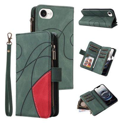 For iPhone 16e Dual-color 9 Card Slots Zipper Wallet Leather Phone Case(Green) by bashfashion
