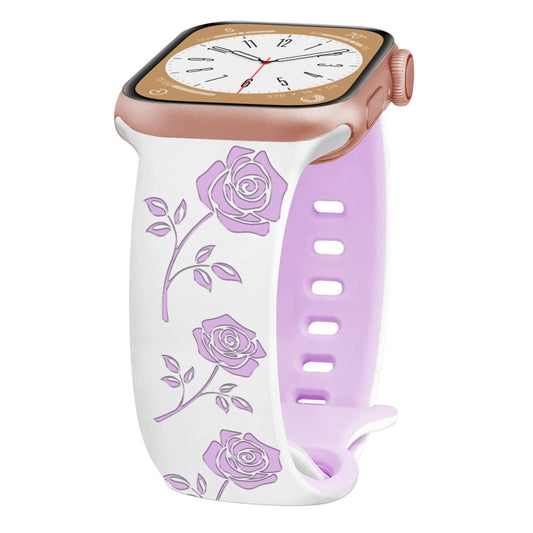 For Apple Watch Ultra 2 49mm Two-color Rose Engraved Silicone Watch Band(White Purple) by bashfashion